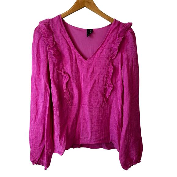 New Vero Moda Women's V Neck Ruffle Frill Top Hot Pink Size Small - Picture 2 of 11